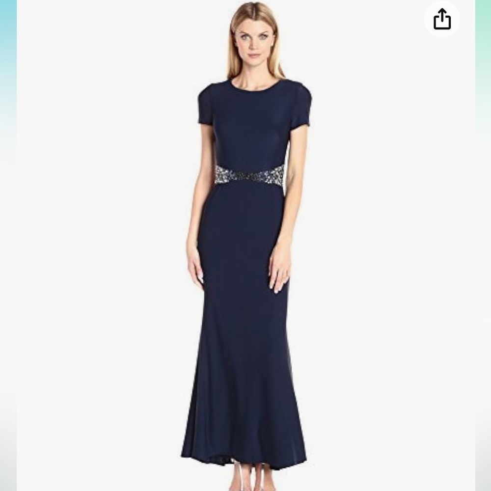Js Boutique Women’s Short Sleeves Jersey Gown Beaded Embellishment At Waist.